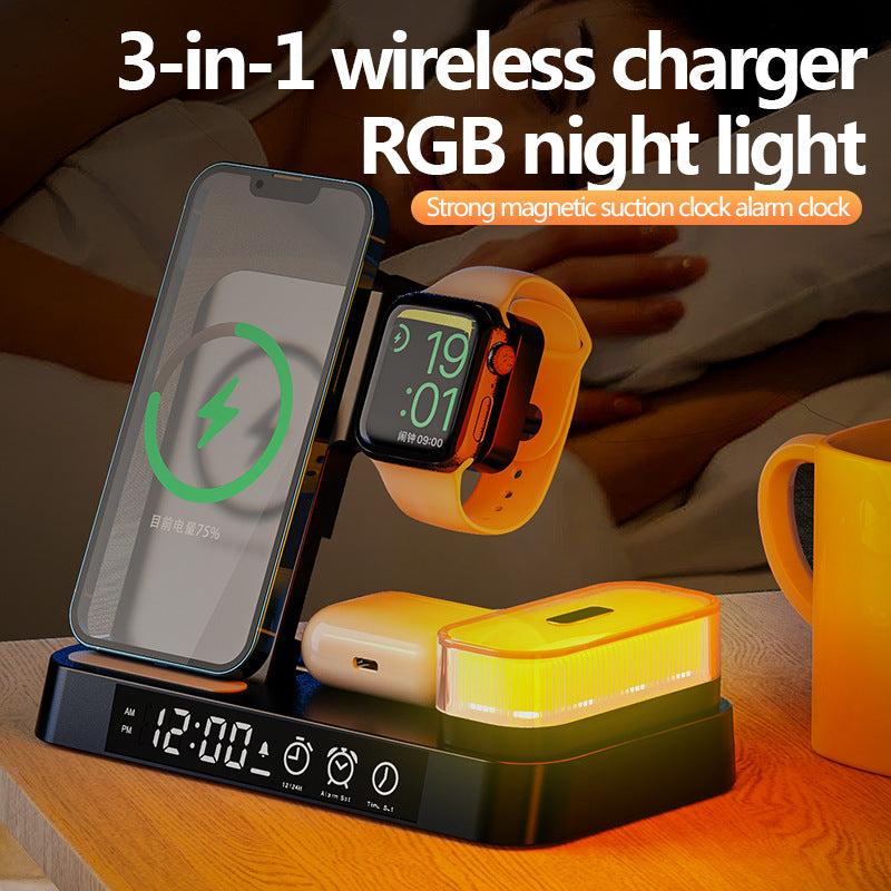 4 In 1 Multifunction Wireless Charger Station With Alarm Clock Display Foldable Wireless Charger Stand With RGB Night Light - DCCOMPUTERS